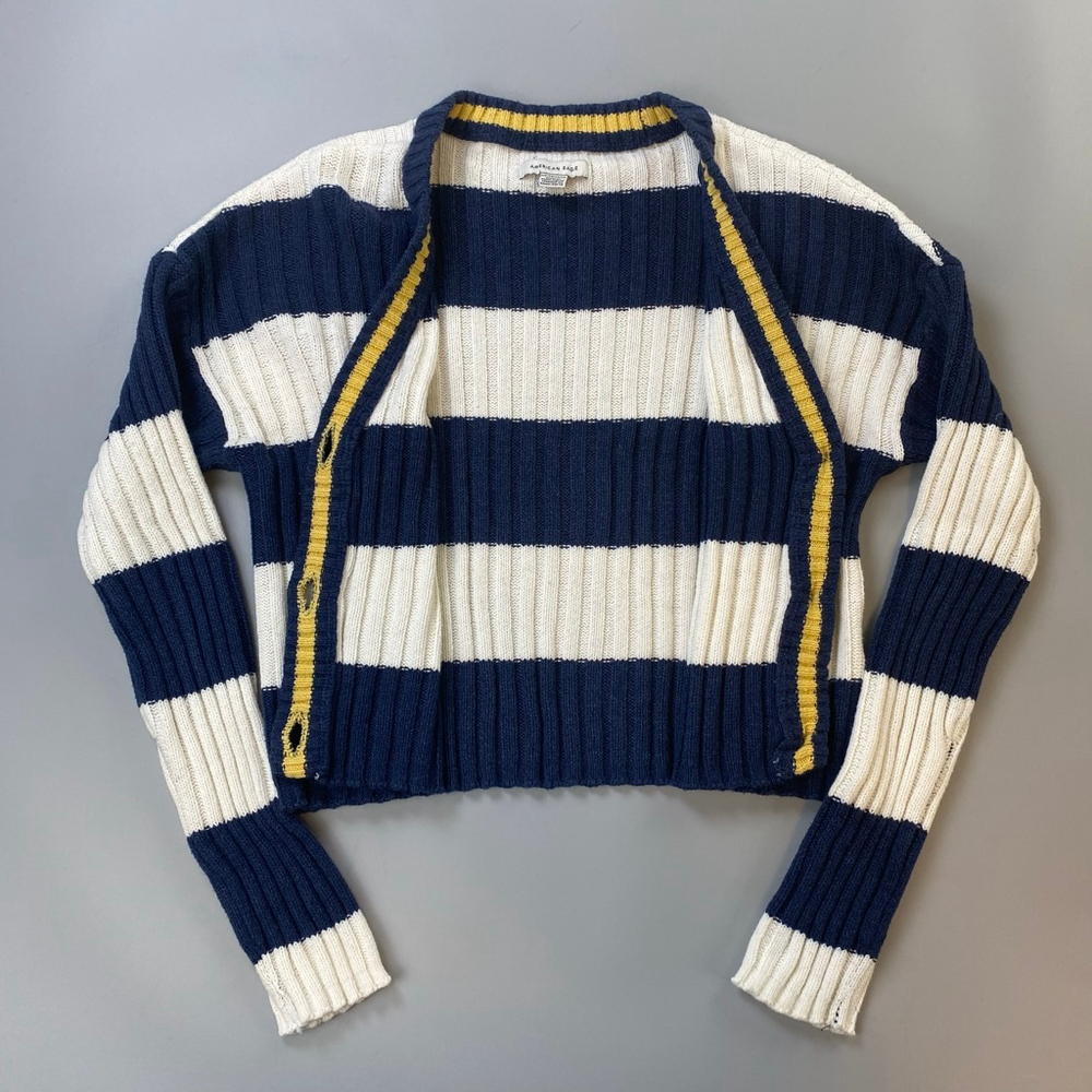 American Eagle Cardigan Womens XS Navy White Stripe Ribbed Crop Nautical Indie - Picture 3 of 12